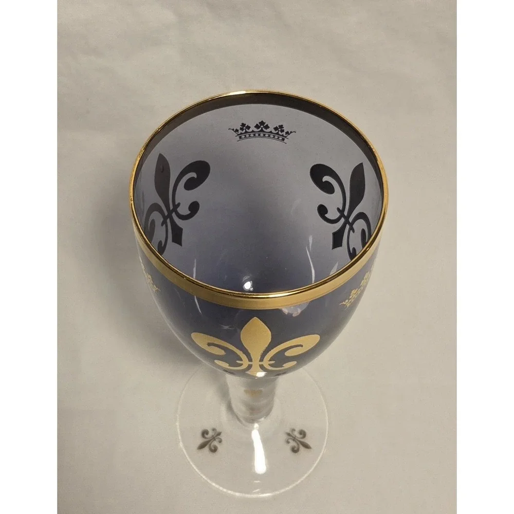 Fleur de Lis Goblet Smoky Gray Glass Gold Black Crown Bubble Stem 8